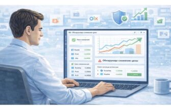 Услуги мониторинга цен для защиты от демпинга — e-commerce менеджер анализирует дашборд с графиками динамики цен, уведомлением о снижении стоимости, таблицей конкурентов и индикатором маржи.