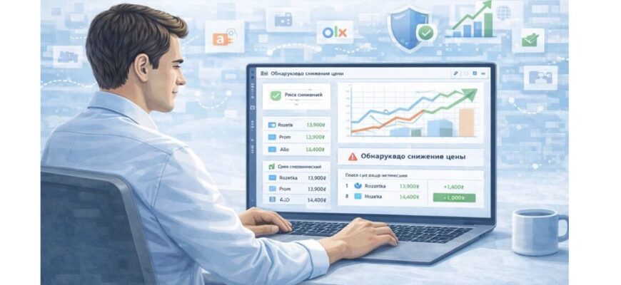 Услуги мониторинга цен для защиты от демпинга — e-commerce менеджер анализирует дашборд с графиками динамики цен, уведомлением о снижении стоимости, таблицей конкурентов и индикатором маржи.
